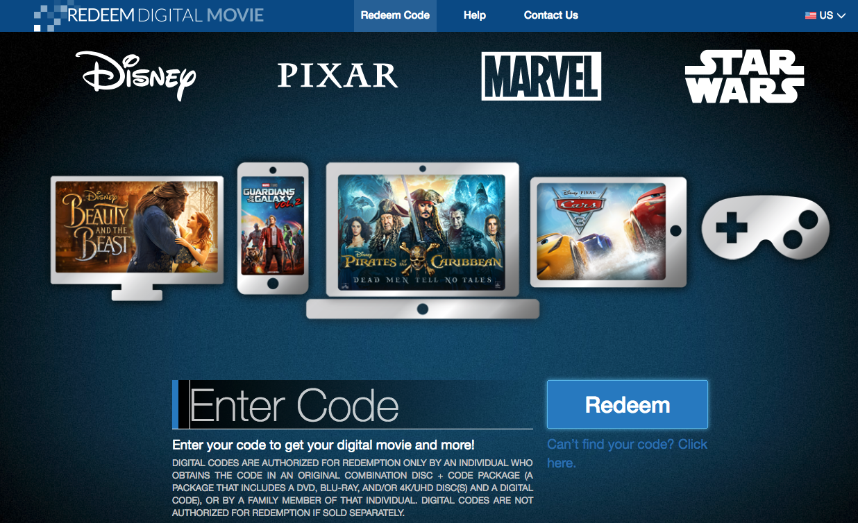 Enter your code. Redeem Blu ray. Digital copy. Digital movie.